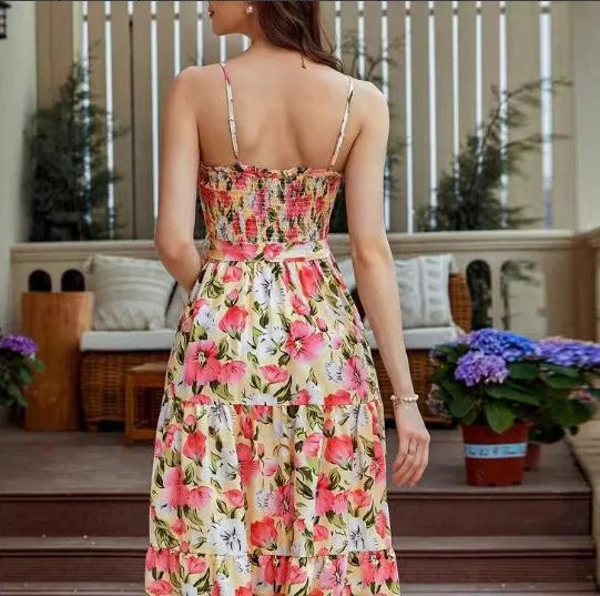 Ladies' Summer Fashion Floral Print Dress Sleeveless Suspender Off Shoulder Dress Casual Waist Cinching Long Dress
