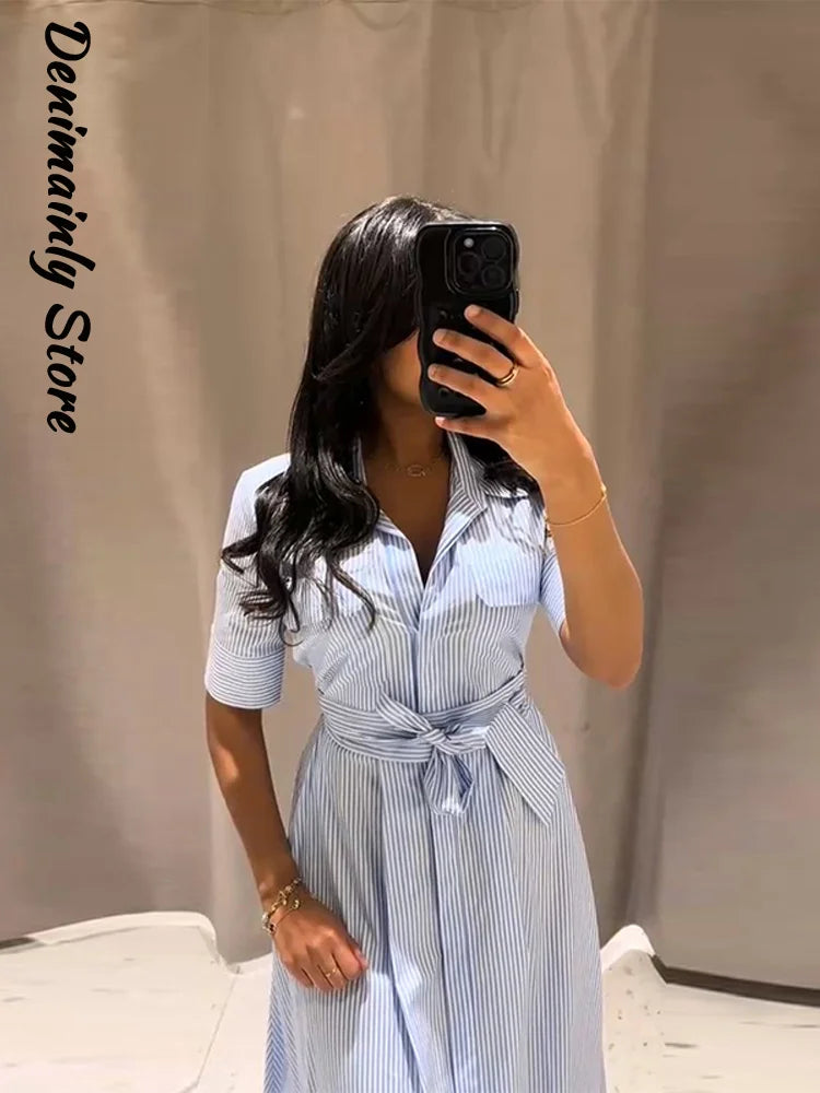 Casual Striped Women Summer Dress Lapel Single Breast Half Sleeve Slim Waist Long Dresses 2025 Autumn Lady Fashion Vacation Robe