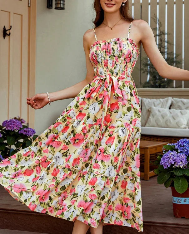 Ladies' Summer Fashion Floral Print Dress Sleeveless Suspender Off Shoulder Dress Casual Waist Cinching Long Dress