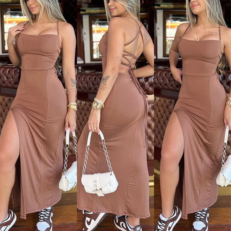 Red Dresses Women Sleeveless Spaghetti Strap Solid Color Elegant Club Party Robes Sexy Cross Bandage Backless Bodycon Long Dress