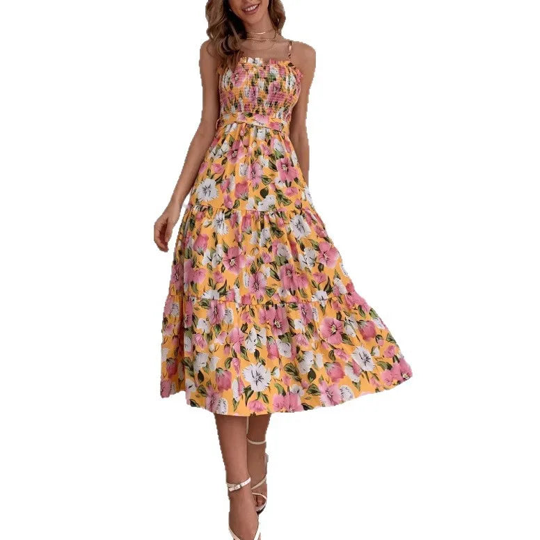 Ladies' Summer Fashion Floral Print Dress Sleeveless Suspender Off Shoulder Dress Casual Waist Cinching Long Dress
