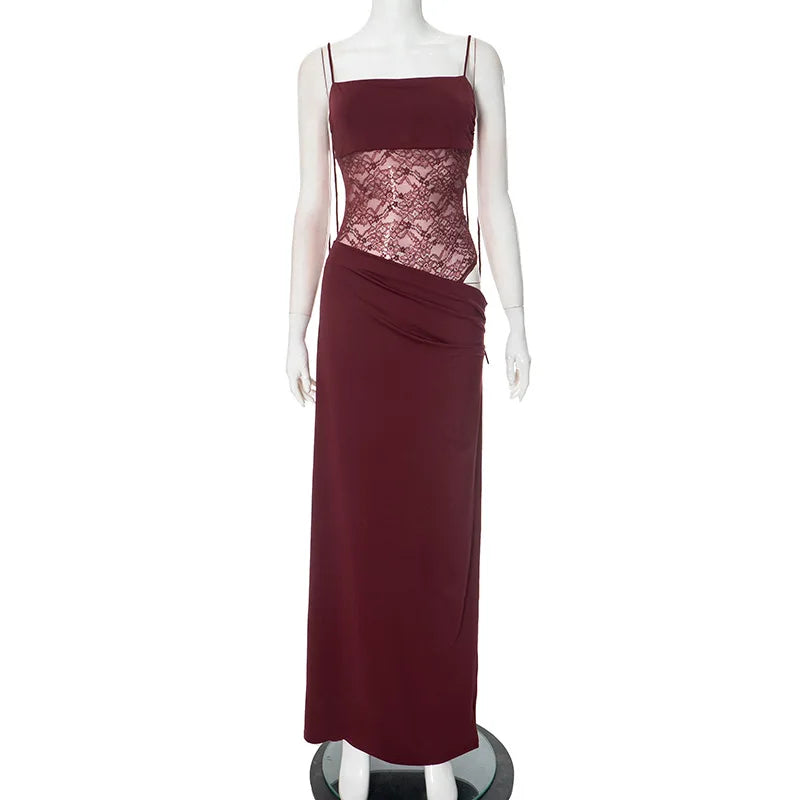 Elegant Lace Cut Out Maxi Dresses for Women 2025 Sexy Spaghetti Strap Patchwork Holidays Party Dress Summer Backless Long Dress
