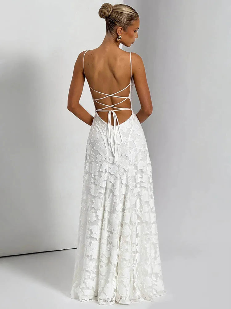 Mozision Spaghetti Strap Backless Sexy Maxi Dress Women Gown Fashion Off-shoulder Sleeveless Lace-up Evening Club Party Dress