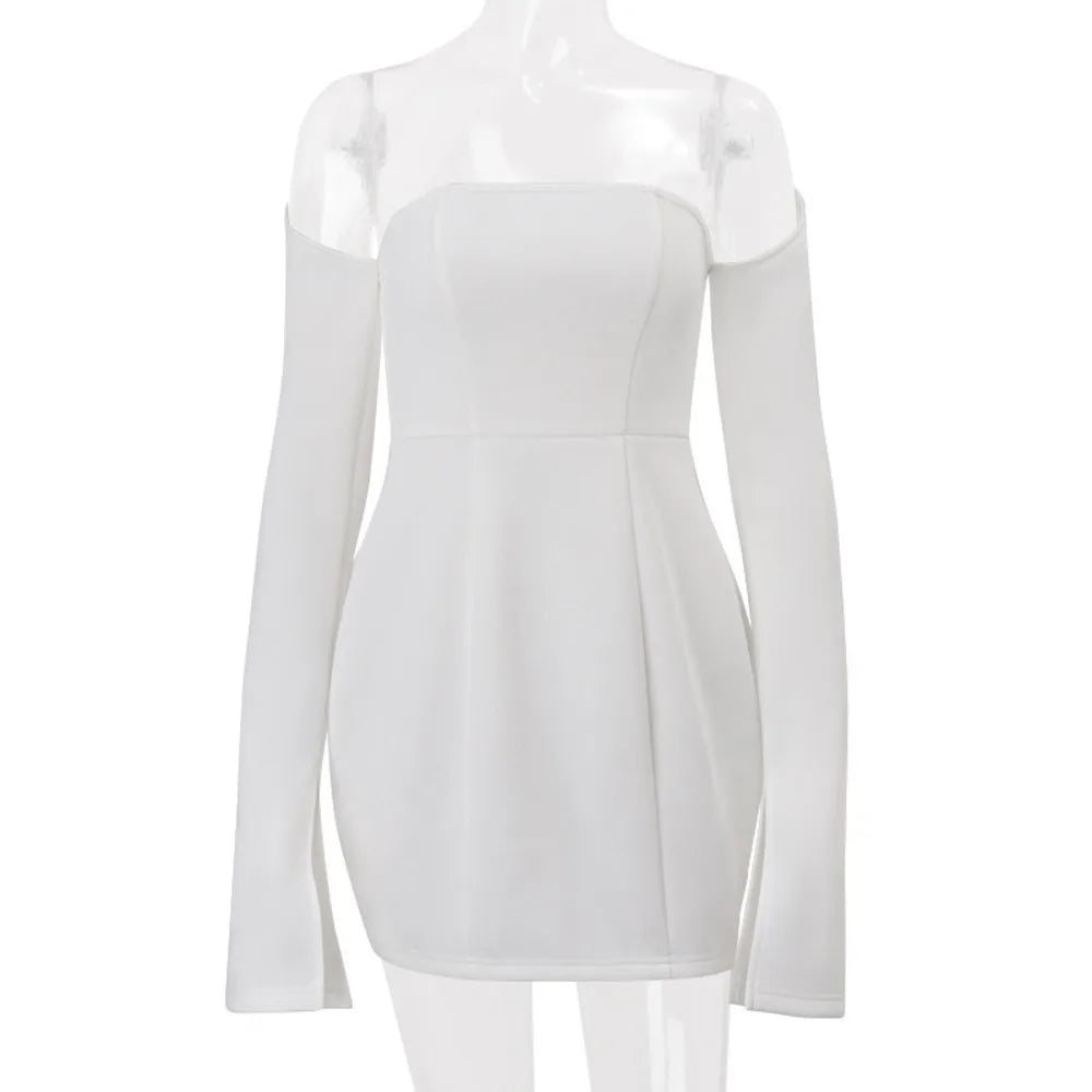 Blifanbo Autumn Sexy Off-Shoulder Strapless Mini Dress Women Elegant Long Sleeve Slim White High Waist Fashion Club Party Dress