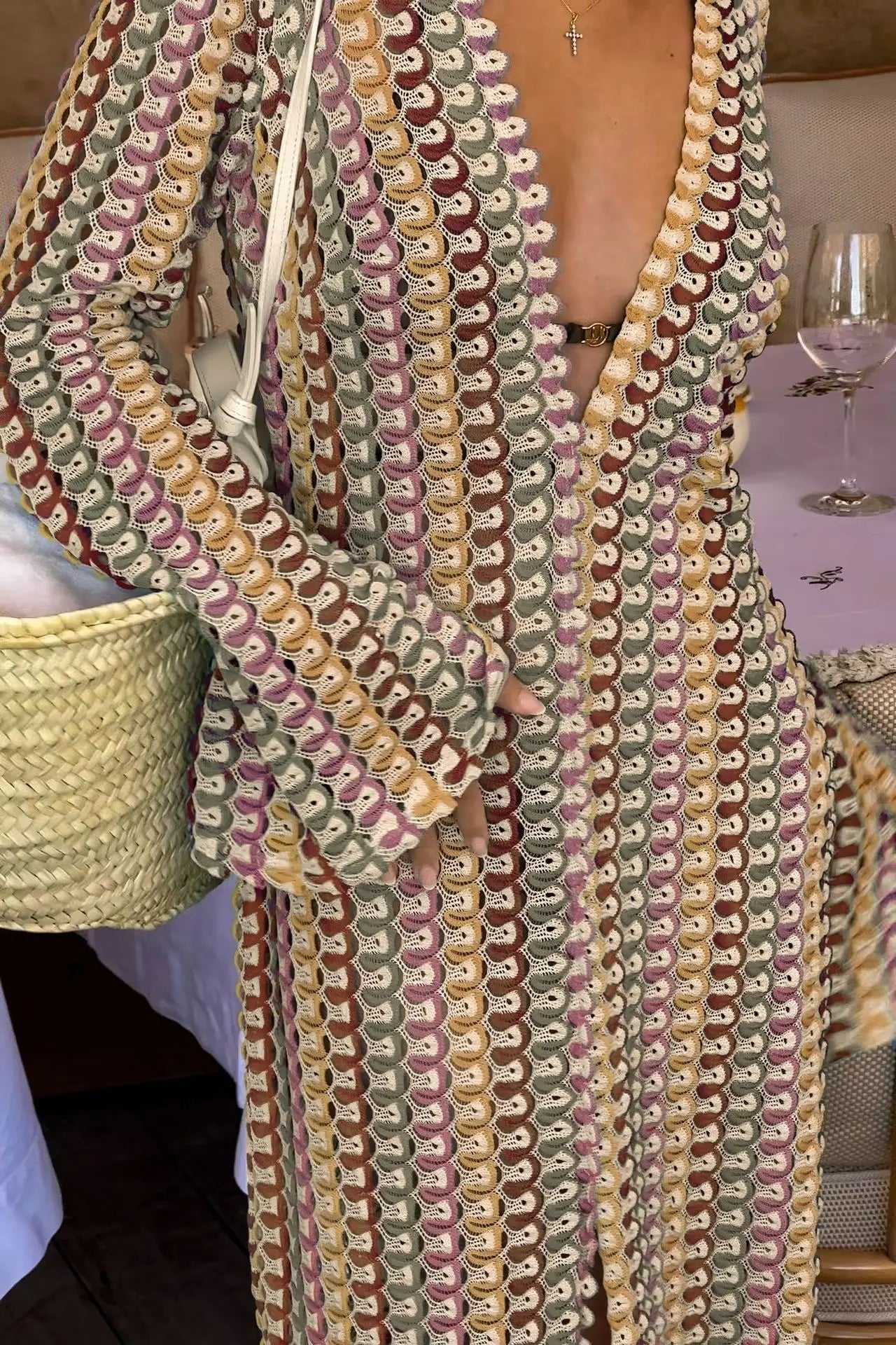 Crochet Colorful Stripe Flare Sleeve Maxi Dress Women V-neck High Split Sexy Lace Long Dresses 2024 New Beach Banquet Vestidos