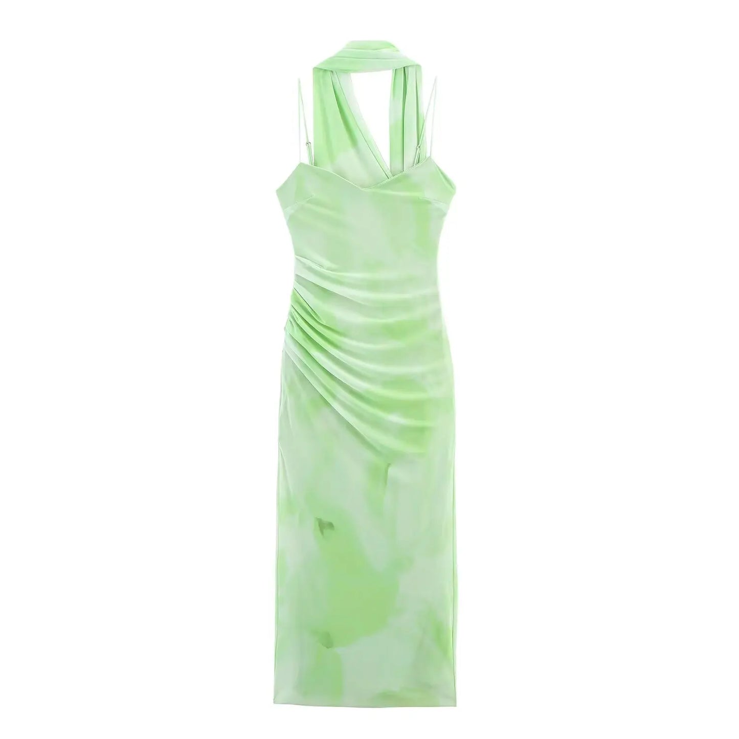 TRAFZA Women's Summer Holiday Light Green Romantic Scarf Decorated Tulle Midi Dress Female Backless Slim Sexy Sling Long Dress