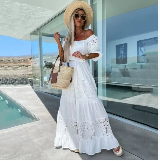 Elegant Retro White Lace Jacquard Women Dress Office Ladies Temperament Off Shoulder Maxi Dresses 2025 Long Evening Party Dress