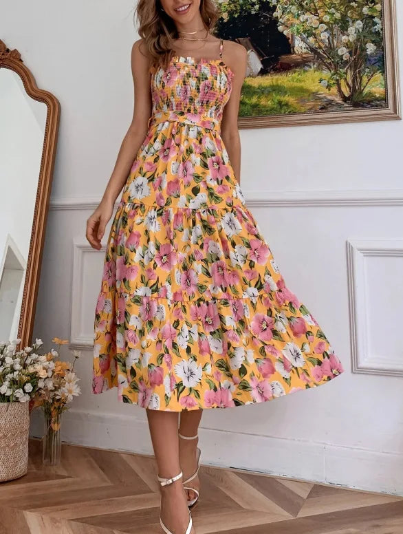 Ladies' Summer Fashion Floral Print Dress Sleeveless Suspender Off Shoulder Dress Casual Waist Cinching Long Dress