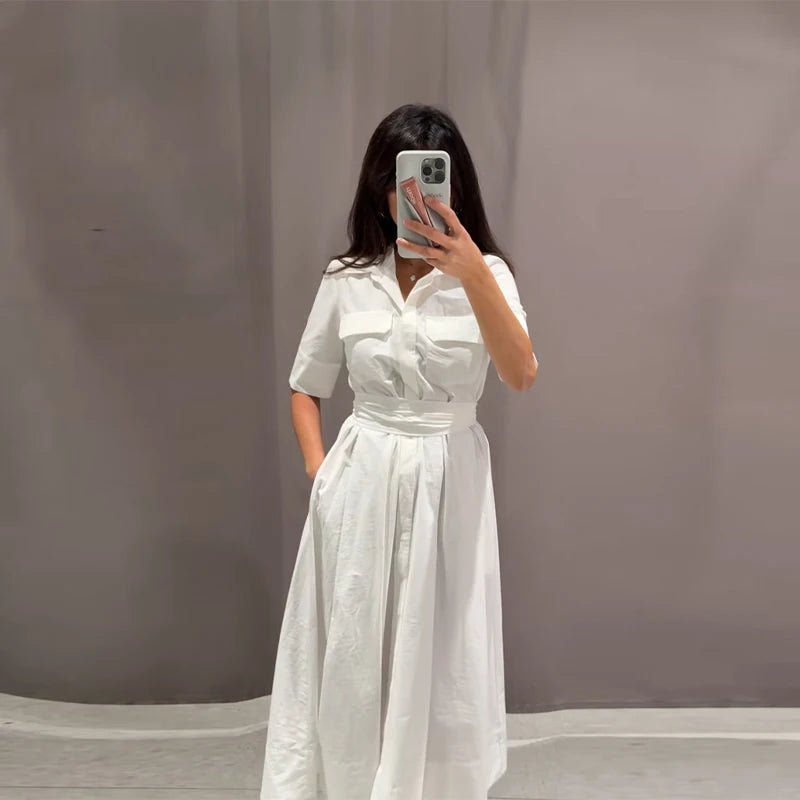 Casual Striped Women Summer Dress Lapel Single Breast Half Sleeve Slim Waist Long Dresses 2025 Autumn Lady Fashion Vacation Robe