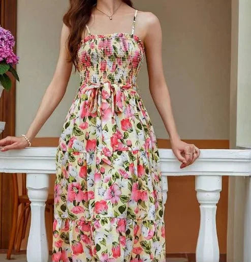 Ladies' Summer Fashion Floral Print Dress Sleeveless Suspender Off Shoulder Dress Casual Waist Cinching Long Dress