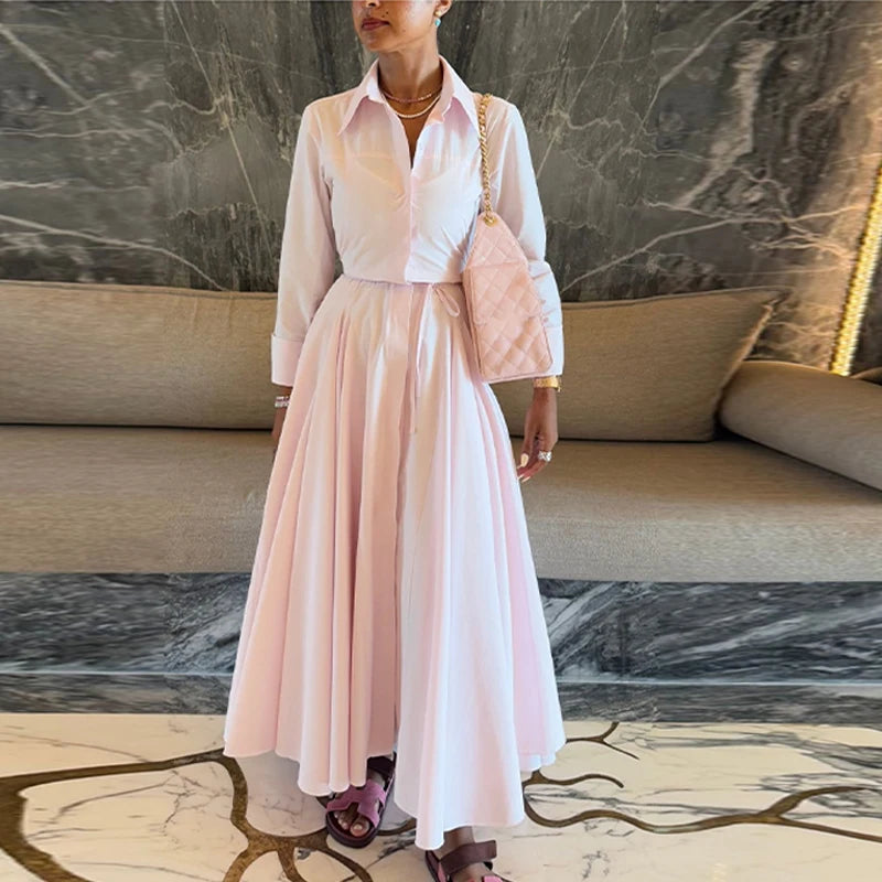 Casual Striped Women Summer Dress Lapel Single Breast Half Sleeve Slim Waist Long Dresses 2025 Autumn Lady Fashion Vacation Robe