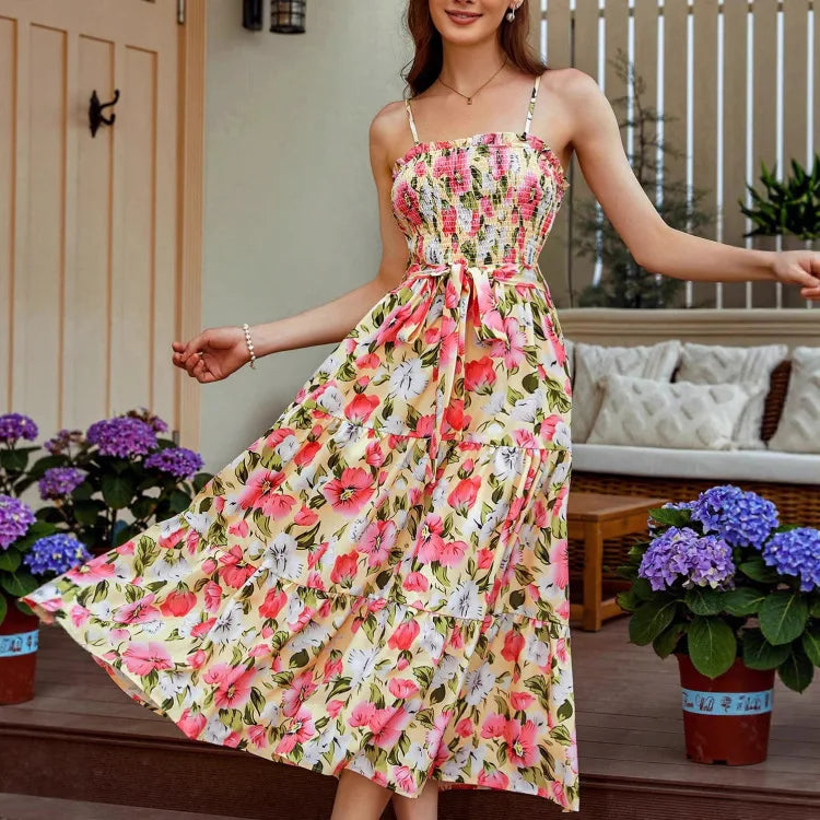 Ladies' Summer Fashion Floral Print Dress Sleeveless Suspender Off Shoulder Dress Casual Waist Cinching Long Dress