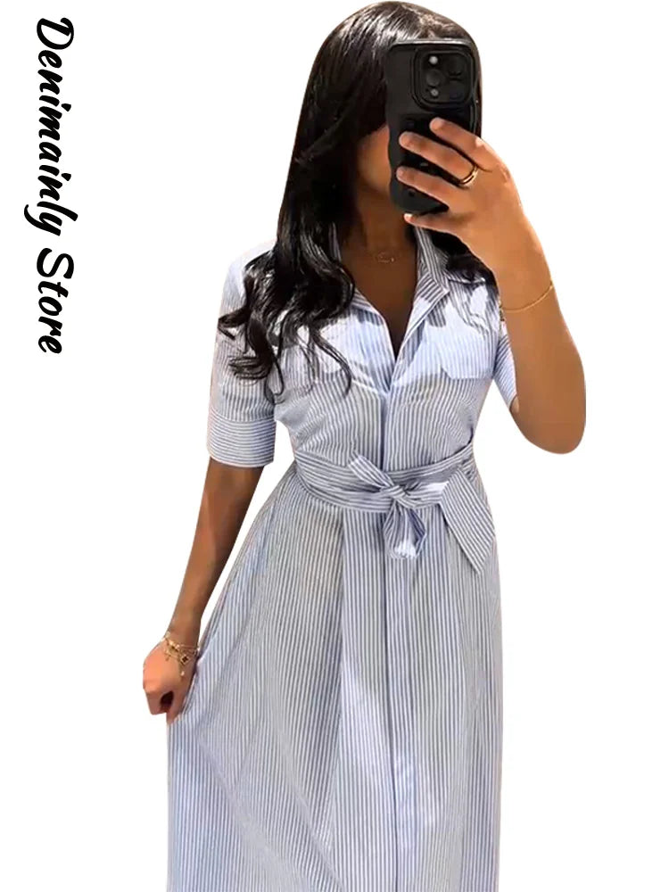 Casual Striped Women Summer Dress Lapel Single Breast Half Sleeve Slim Waist Long Dresses 2025 Autumn Lady Fashion Vacation Robe