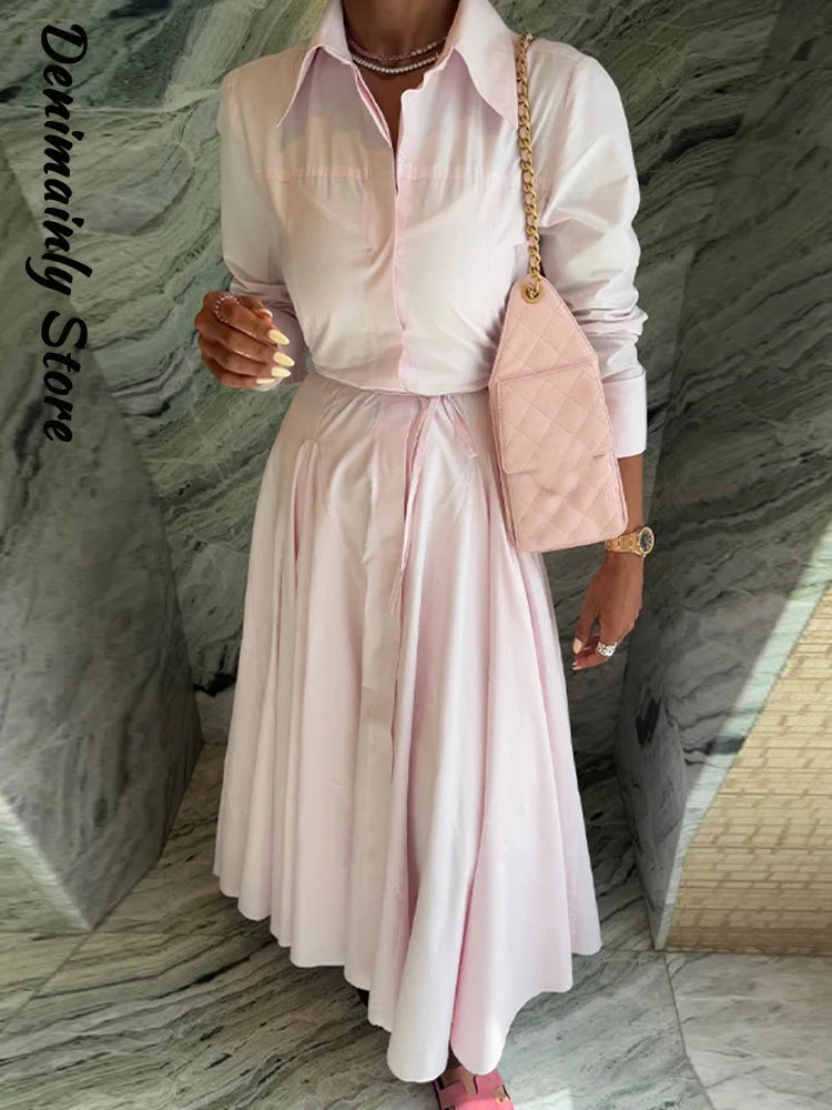 Casual Striped Women Summer Dress Lapel Single Breast Half Sleeve Slim Waist Long Dresses 2025 Autumn Lady Fashion Vacation Robe