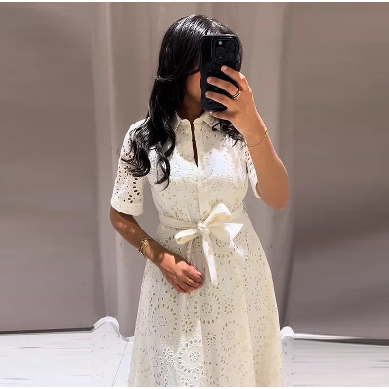 Casual Striped Women Summer Dress Lapel Single Breast Half Sleeve Slim Waist Long Dresses 2025 Autumn Lady Fashion Vacation Robe