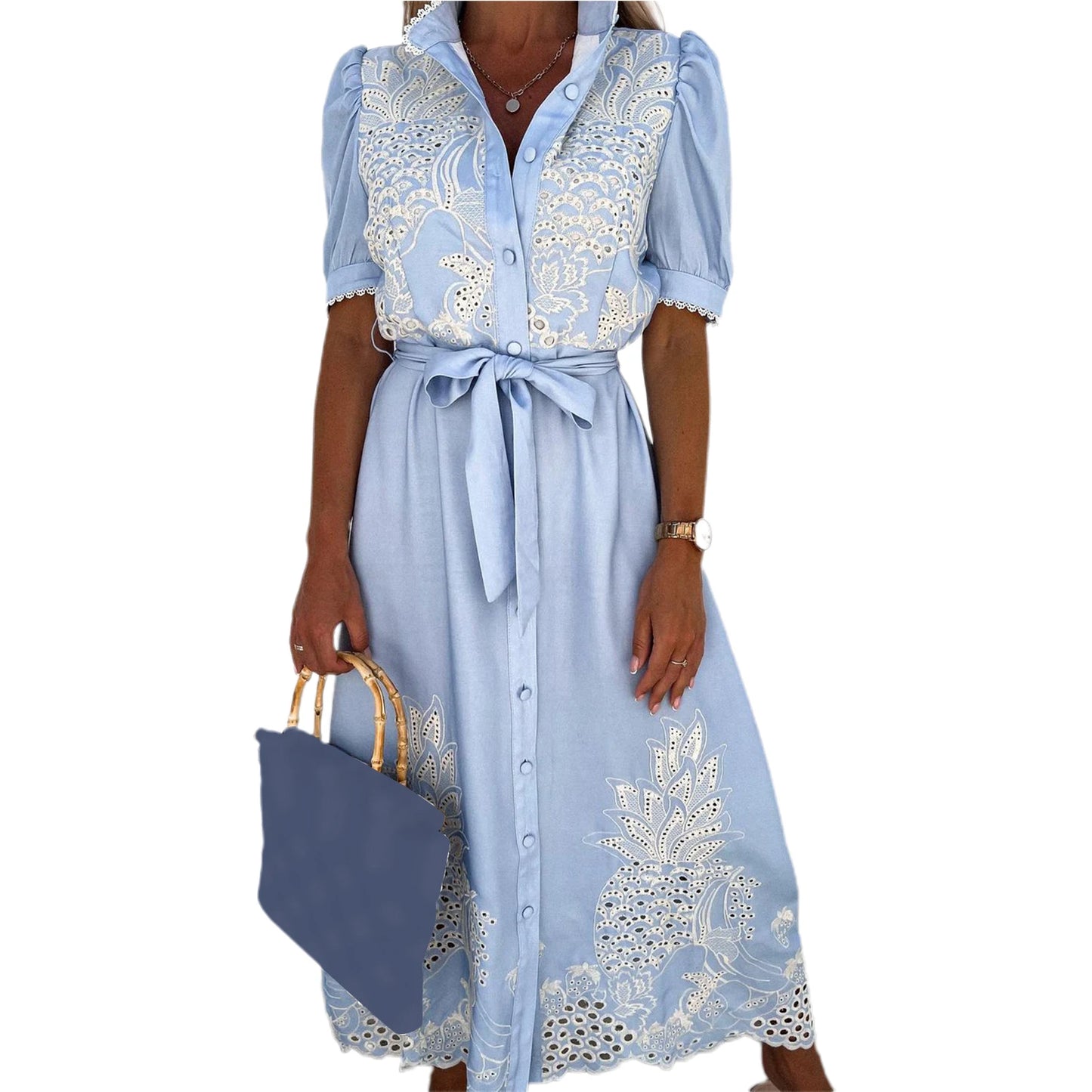 2023 New Style Dress Female White Hollow Embroidery Long Dresses Elegant Semi-turtleneck Short Sleeves Spring Summer Clothing