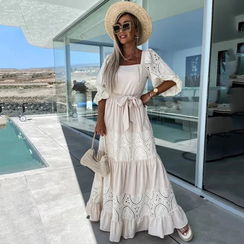 Elegant Retro White Lace Jacquard Women Dress Office Ladies Temperament Off Shoulder Maxi Dresses 2025 Long Evening Party Dress