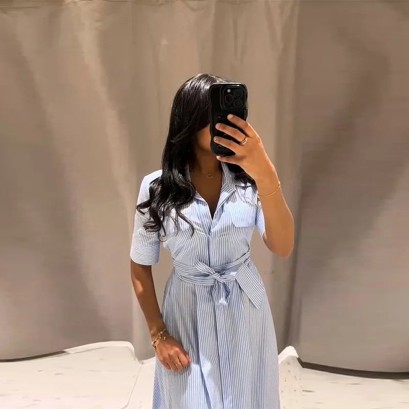 Casual Striped Women Summer Dress Lapel Single Breast Half Sleeve Slim Waist Long Dresses 2025 Autumn Lady Fashion Vacation Robe