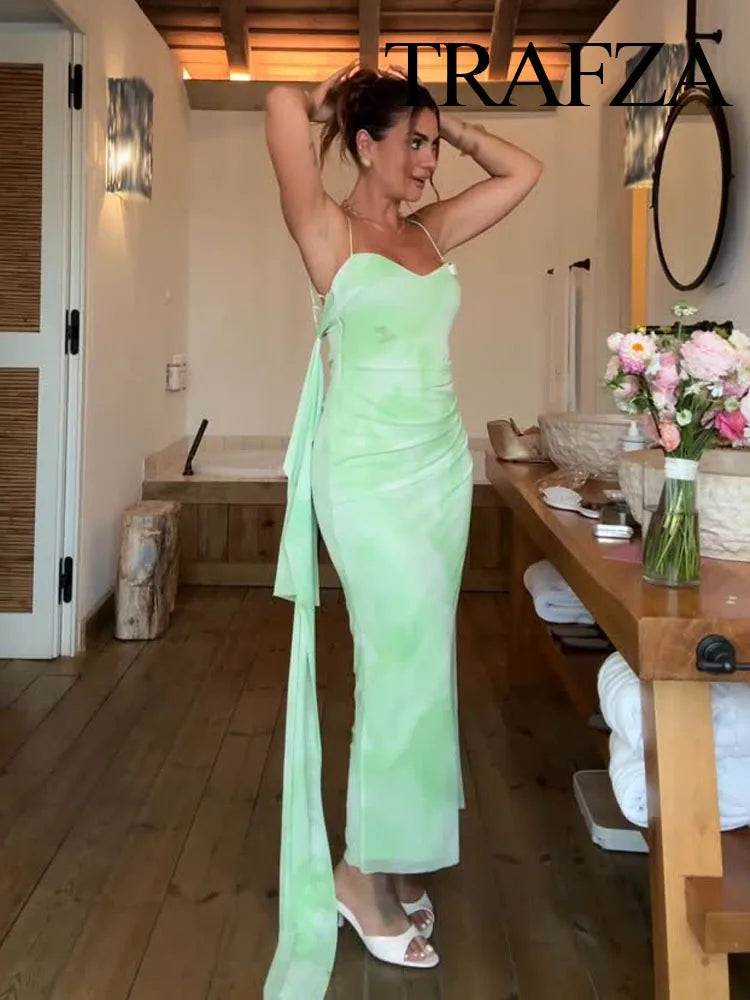 TRAFZA Women's Summer Holiday Light Green Romantic Scarf Decorated Tulle Midi Dress Female Backless Slim Sexy Sling Long Dress