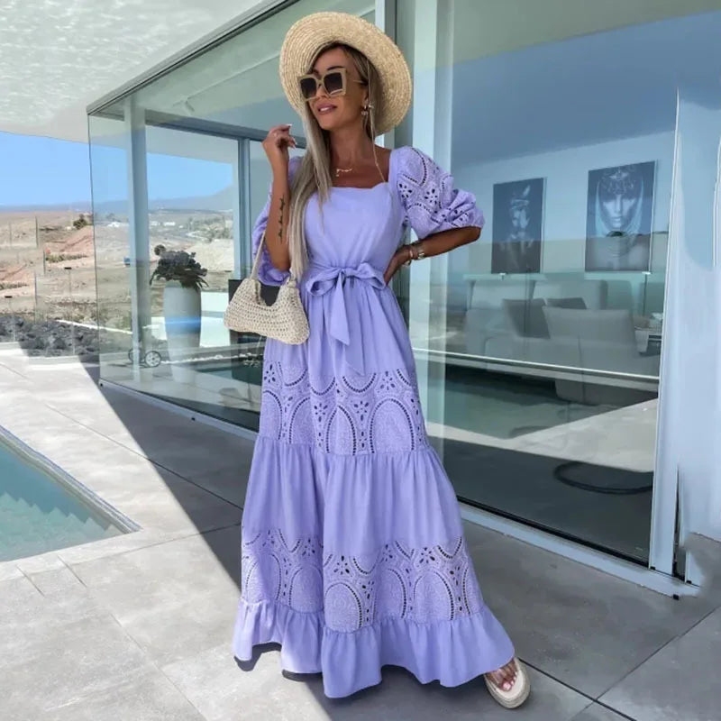 Elegant Retro White Lace Jacquard Women Dress Office Ladies Temperament Off Shoulder Maxi Dresses 2025 Long Evening Party Dress
