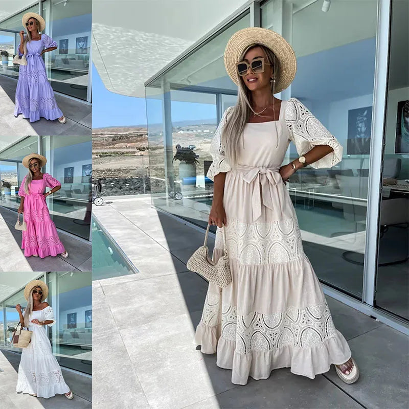 Elegant Retro White Lace Jacquard Women Dress Office Ladies Temperament Off Shoulder Maxi Dresses 2025 Long Evening Party Dress