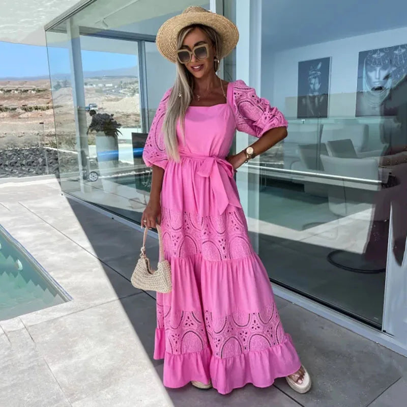 Elegant Retro White Lace Jacquard Women Dress Office Ladies Temperament Off Shoulder Maxi Dresses 2025 Long Evening Party Dress