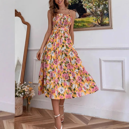 Ladies' Summer Fashion Floral Print Dress Sleeveless Suspender Off Shoulder Dress Casual Waist Cinching Long Dress