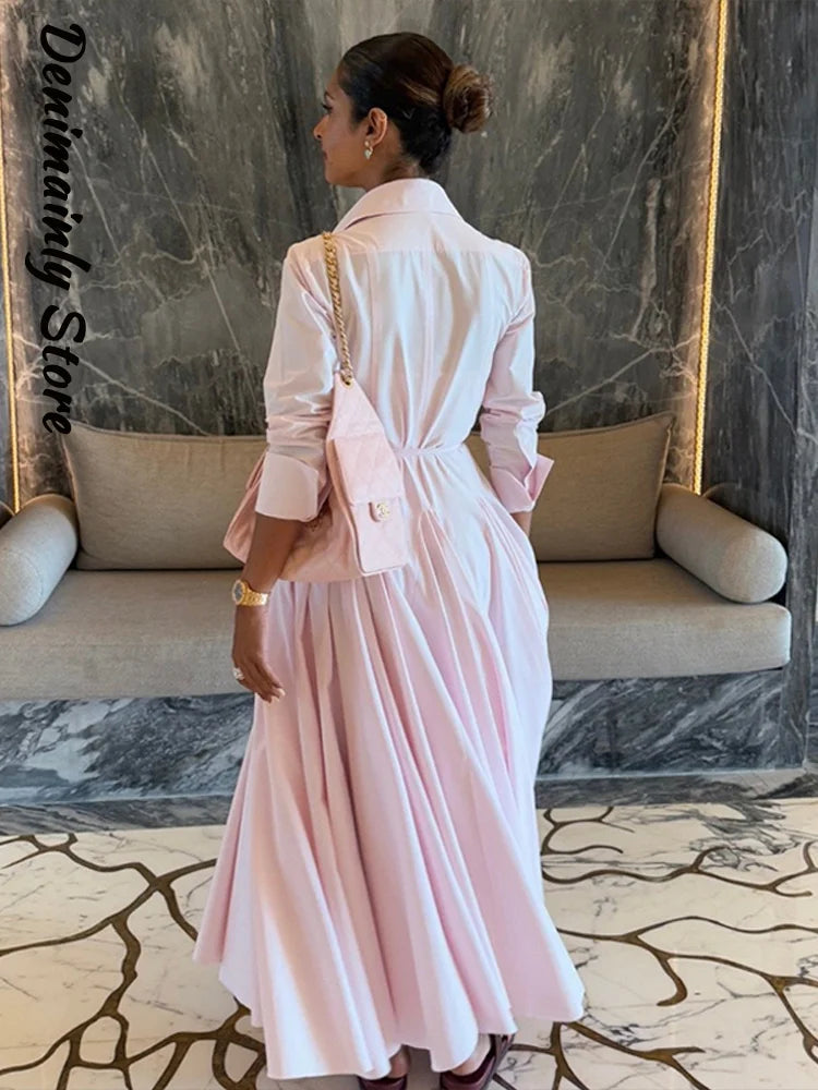 Casual Striped Women Summer Dress Lapel Single Breast Half Sleeve Slim Waist Long Dresses 2025 Autumn Lady Fashion Vacation Robe