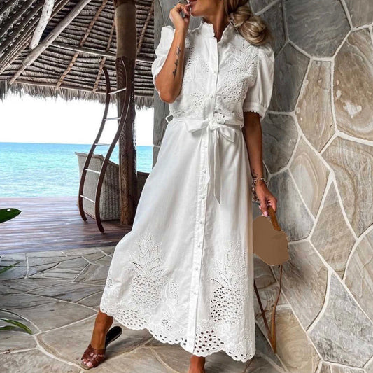 2023 New Style Dress Female White Hollow Embroidery Long Dresses Elegant Semi-turtleneck Short Sleeves Spring Summer Clothing