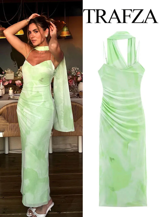 TRAFZA Women's Summer Holiday Light Green Romantic Scarf Decorated Tulle Midi Dress Female Backless Slim Sexy Sling Long Dress