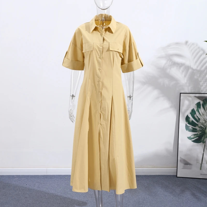 Casual Striped Women Summer Dress Lapel Single Breast Half Sleeve Slim Waist Long Dresses 2025 Autumn Lady Fashion Vacation Robe