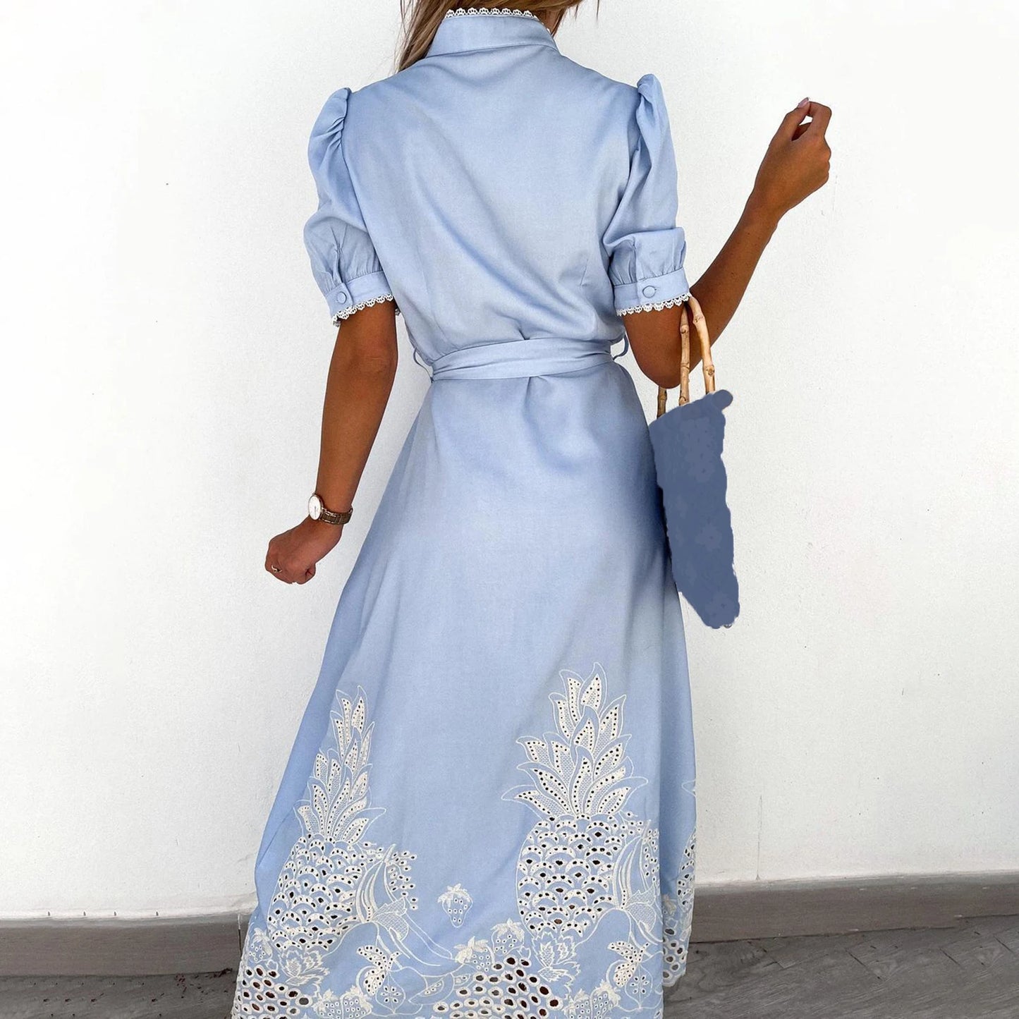 2023 New Style Dress Female White Hollow Embroidery Long Dresses Elegant Semi-turtleneck Short Sleeves Spring Summer Clothing