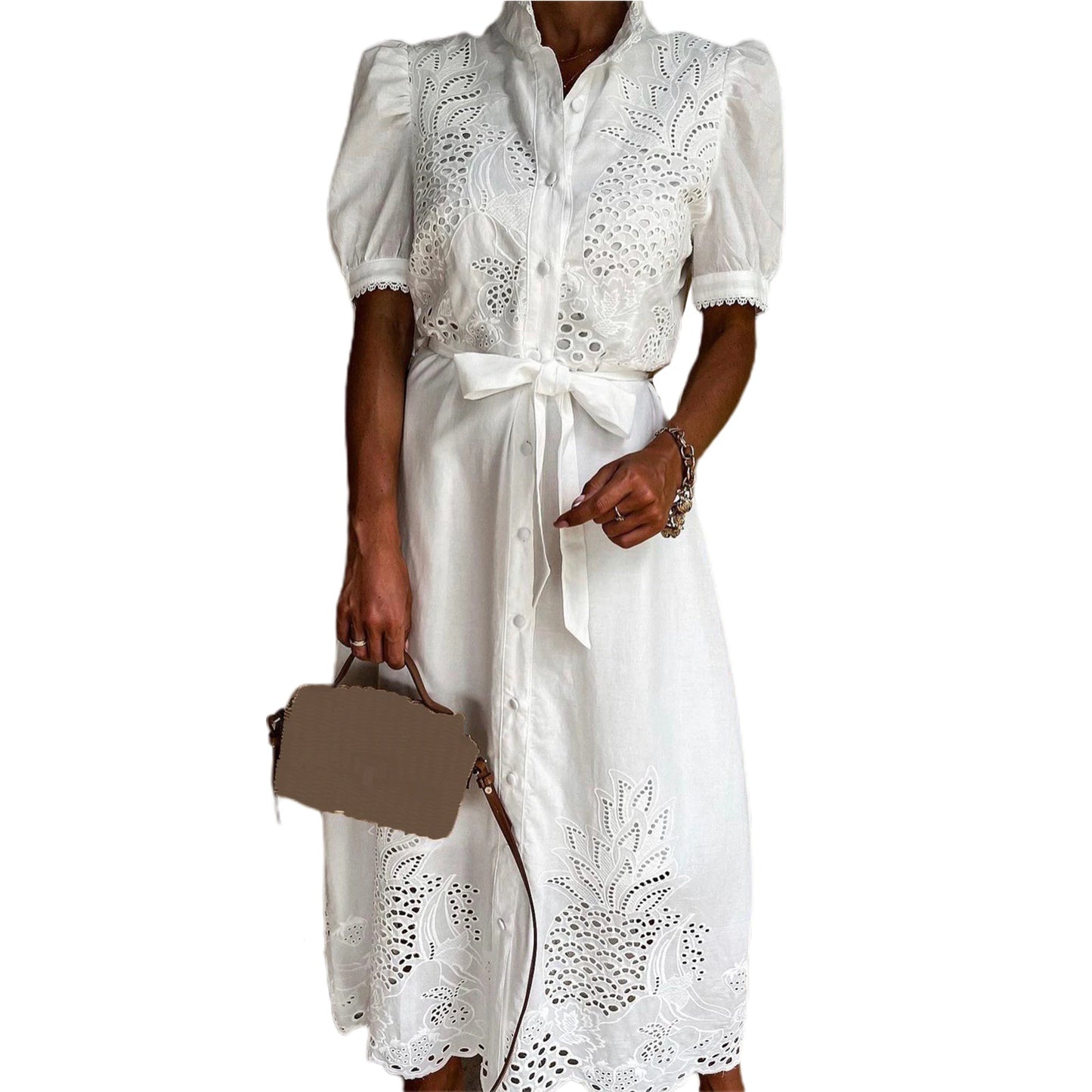 2023 New Style Dress Female White Hollow Embroidery Long Dresses Elegant Semi-turtleneck Short Sleeves Spring Summer Clothing