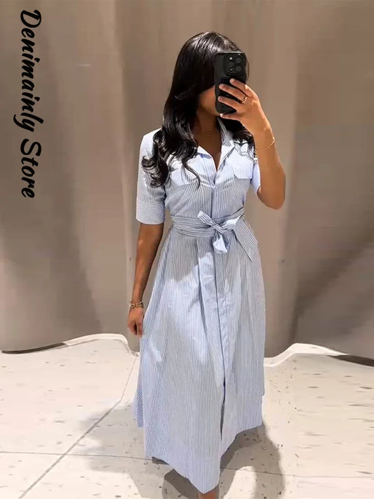 Casual Striped Women Summer Dress Lapel Single Breast Half Sleeve Slim Waist Long Dresses 2025 Autumn Lady Fashion Vacation Robe