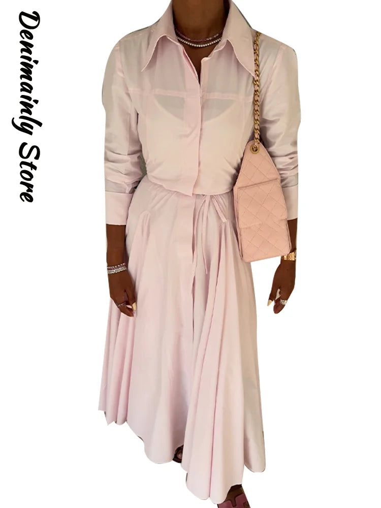 Casual Striped Women Summer Dress Lapel Single Breast Half Sleeve Slim Waist Long Dresses 2025 Autumn Lady Fashion Vacation Robe