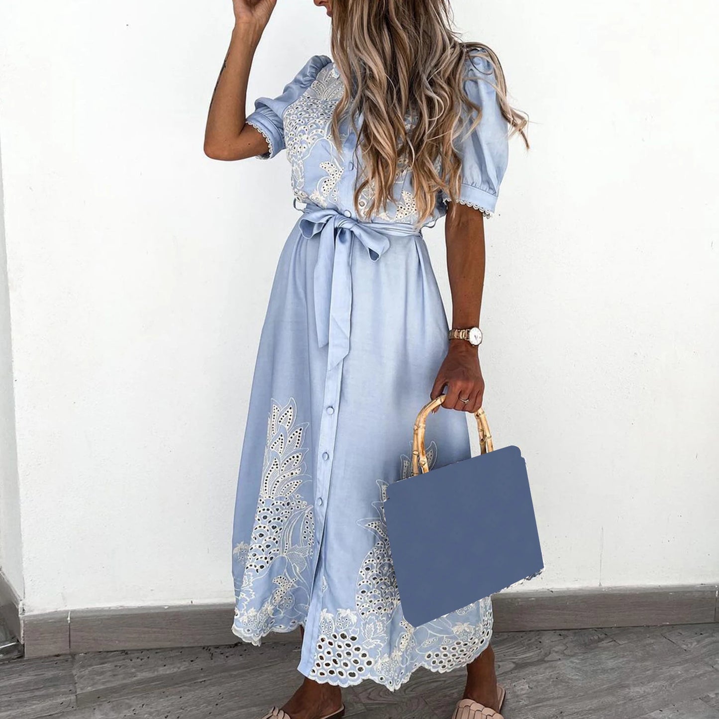 2023 New Style Dress Female White Hollow Embroidery Long Dresses Elegant Semi-turtleneck Short Sleeves Spring Summer Clothing